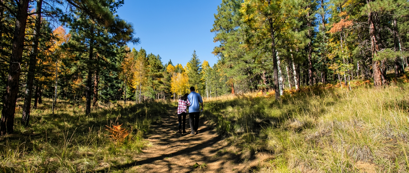 Jared Wockenfuss walking a wooded trail with family