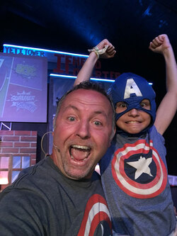 Jared Wockenfuss with a young Captain America fan at an event